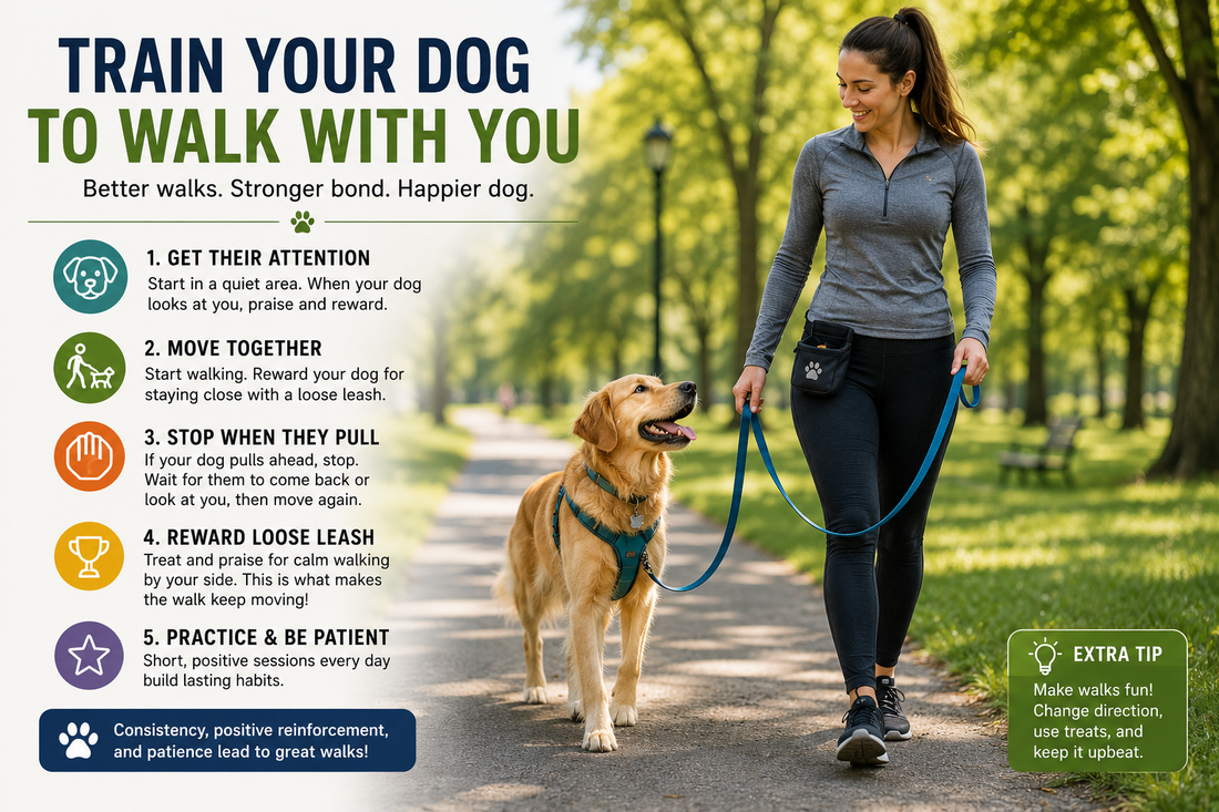 Dog walking calmly beside its owner on a loose leash