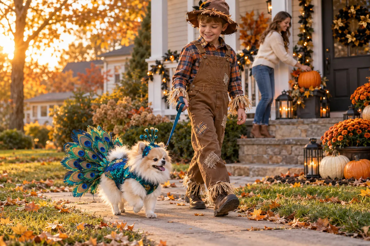Pomeranian in a peacock costume walking with a costumed child while their mother decorates for Halloween