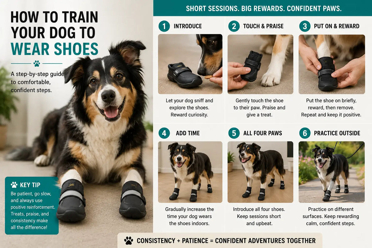 Dog wearing protective boots outdoors