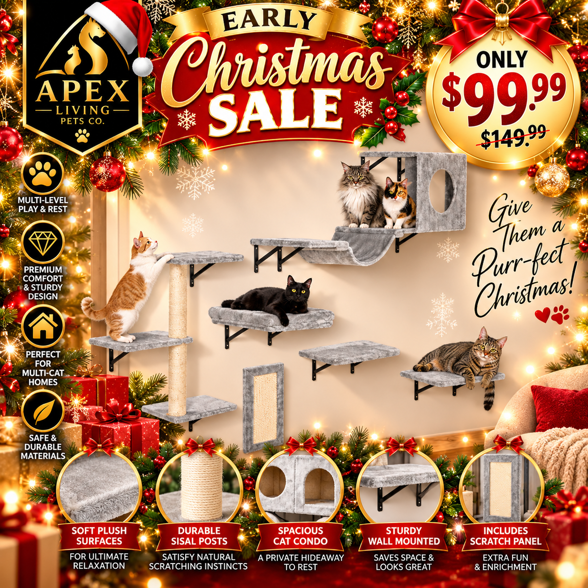 Apex ClimbHaven™ 6-Piece Wall-Mounted Cat Playground Apex Living Pets Co