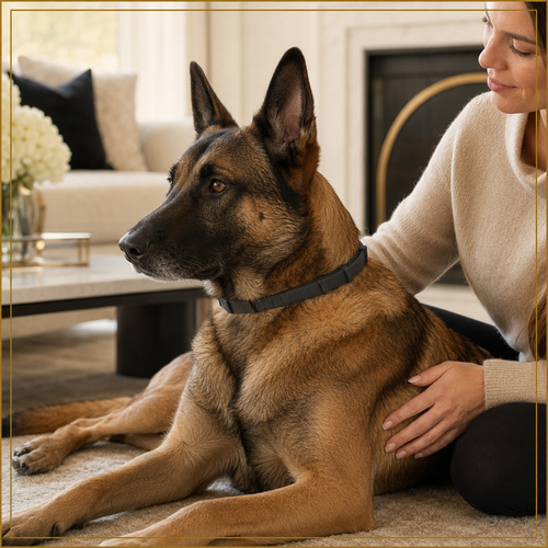 Belgian Malinois wearing the black Apex CalmWear comfort collar indoors