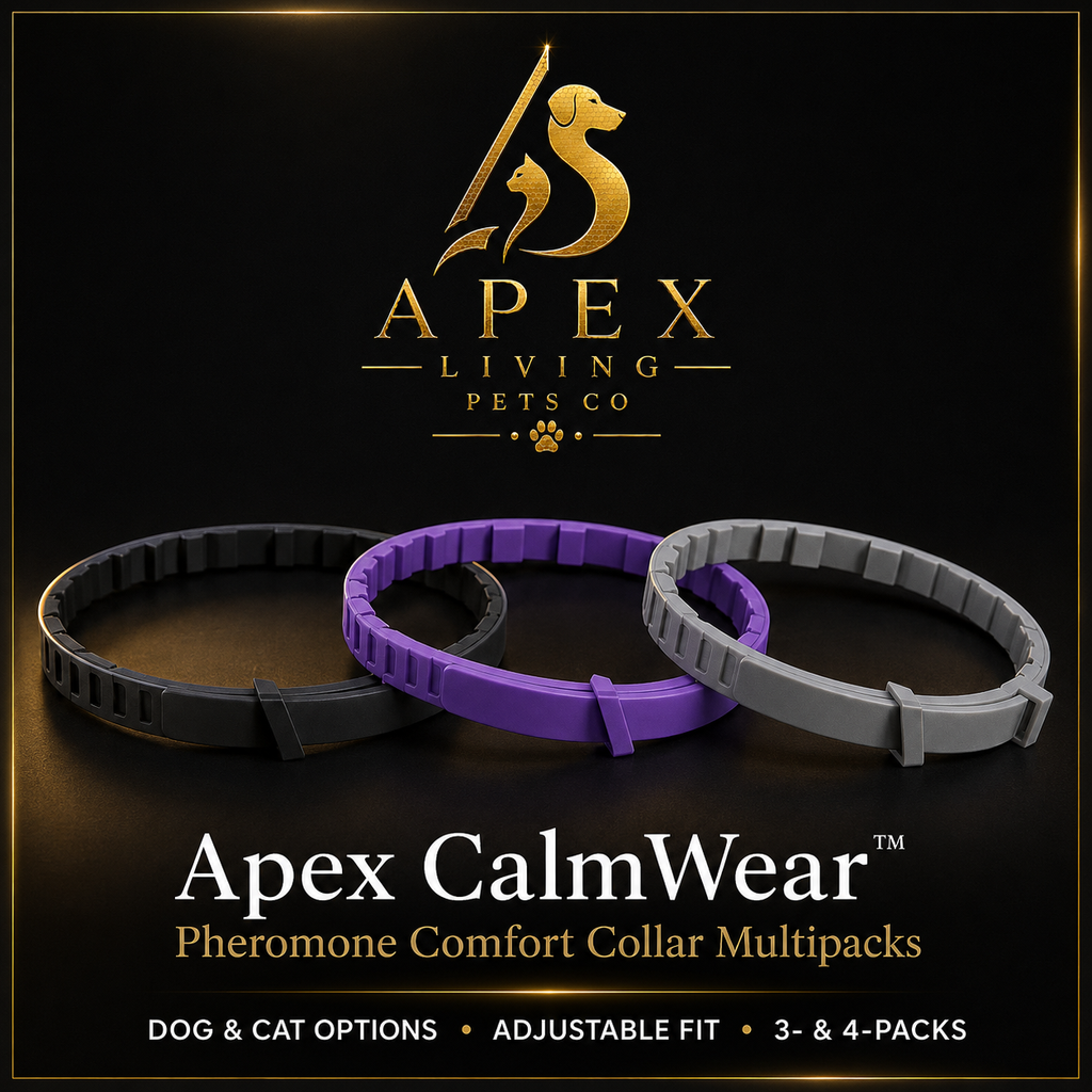 Apex CalmWear pheromone comfort collars in black purple and gray