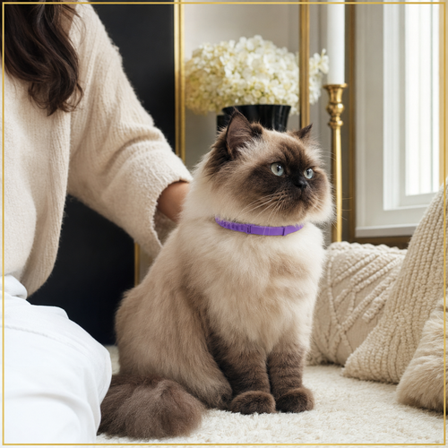 Himalayan cat wearing the purple Apex CalmWear comfort collar indoors