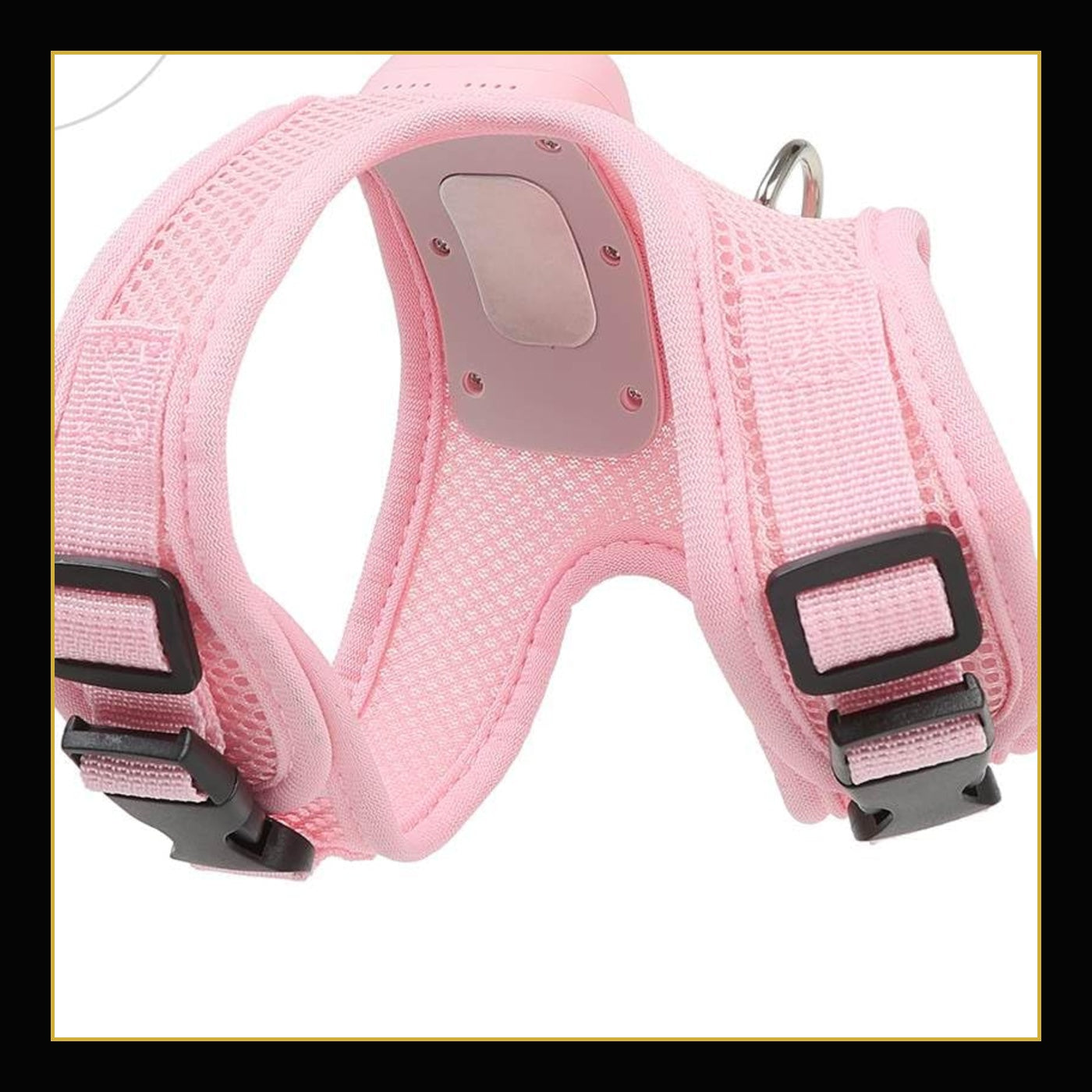 Cherry Pink Apex ChillFlow harness underside with breathable mesh, cooling plate, buckles, and D-ring