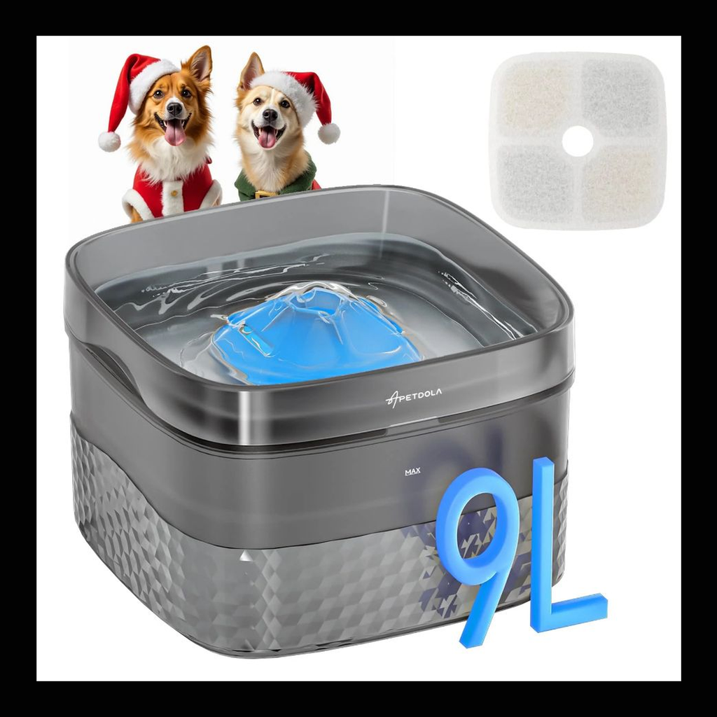 Apex FlowMax 9L dog water fountain with quiet pump and filtration with black brand border