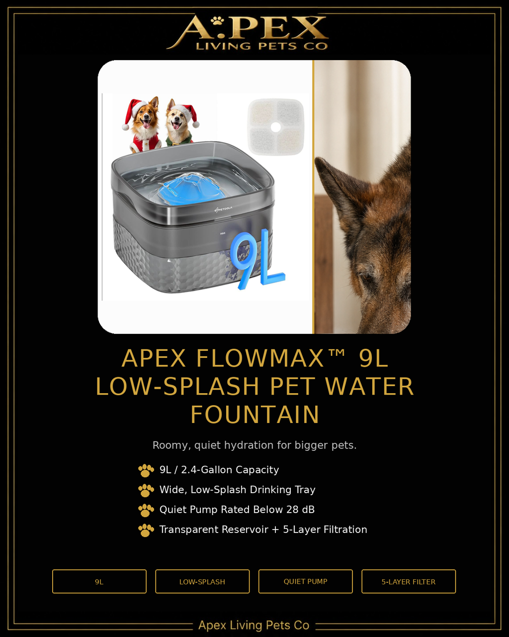 Apex FlowMax 9L low-splash pet water fountain product card