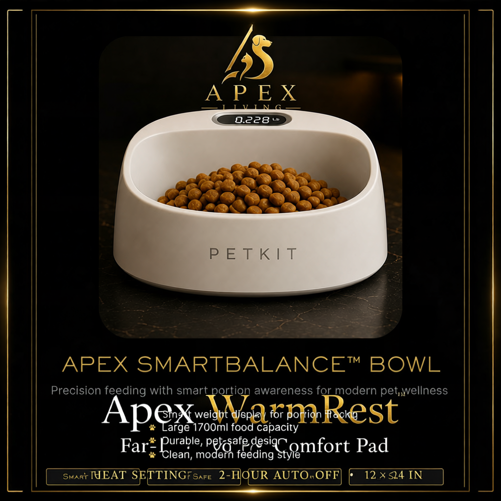 Apex SmartBalance digital pet food scale bowl card with consistent Apex Living Pets Co logo
