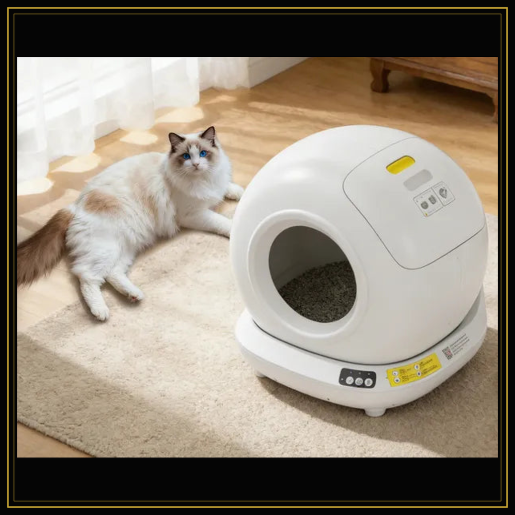 Cat resting beside the ApexClean self-cleaning litter system