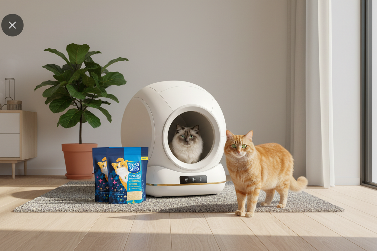 Fresh Step health monitoring crystal litter shown with the ApexClean cat wellness system